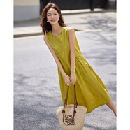 德瑪納【清爽格調】夏季舒適棉錦彈圓領(lǐng)無(wú)袖背心裙寬松腰分割線(xiàn)女連衣裙