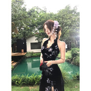 Mejiu蜜九【晚意添香】性感蕾絲掛頸洋裝女夏季辣妹收腰長(cháng)裙子 黑色 (長(cháng)版) XS