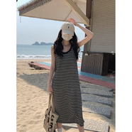 覽色 LOARSEOR條紋吊帶背心連衣裙女胖MM外穿夏季新款打底長(zhǎng)裙歐美寬松大碼裙子 黑色 S