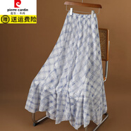 皮爾卡丹（pierre cardin）雪紡不規則格子半身裙女夏季薄款a字裙大擺遮胯顯瘦格紋長(cháng)裙子 藍色 M