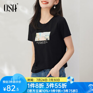 歐莎（OSA）白色短款T恤女士夏季新款衣服短袖印花顯瘦正肩上衣體恤修身 黑色 2XL