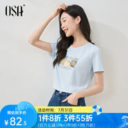 歐莎（OSA）白色短款T恤女士夏季新款衣服短袖印花顯瘦正肩上衣體恤修身 淺藍(lán)色 S