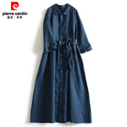 皮爾卡丹（pierre cardin）意大利尾單女款系帶收腰中袖七分袖亞麻棉麻連衣裙 藏青色（少量現(xiàn)貨） M 【建議90-110斤】