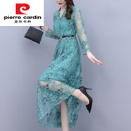 皮爾卡丹（PIERRE CARDIN）高端輕奢v領(lǐng)刺繡網(wǎng)紗長袖連衣裙女秋季大碼連身裙氣質(zhì)收腰a字裙子 綠色 M 【建議100斤內(nèi)】
