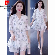 皮爾卡丹大碼時(shí)尚休閑套裝女新款連衣裙洋氣減齡印花雪紡上衣短褲兩件套 白色 XL 110-120斤