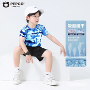 小豬班納男女童夏季套裝新款速干衣冰絲韓版休閑運動(dòng)服球服短袖短褲童裝 2204套裝藍迷彩 130 cm 【建議身高110-120】