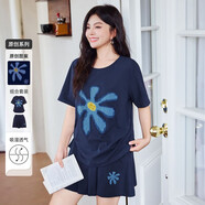 慕姍詩怡（MsShe）【立體刺繡褶皺套裝】MsShe大碼女裝2025夏裝胖mm短袖T恤闊腿短褲 藏青藍色現(xiàn)貨 XL