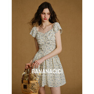 banana cici2025年夏季新款法式收腰短裙小清新褶皺碎花A字連衣裙C252LY683 淺藍色 M