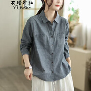 衣瑾帛社韓版減齡千鳥格襯衣女休閑大口袋寬松小格子襯衫女長(zhǎng)袖寬松上衣 黑灰色千鳥格 L