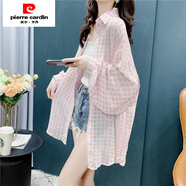 皮爾卡丹（pierre cardin）新款夏季設計感小眾雪紡襯衫女薄款格子防曬外套襯衣寬松上衣 粉格 2XL 建議【139-152斤】