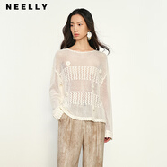NEELLY納儷商場同款秋季新款設(shè)計(jì)感隨性休閑鏤空長袖針織衫女毛衣 白色 S