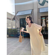 紫淑夏季純色短袖連衣裙寬松壓褶大擺長裙休閑氣質女款 白色 M