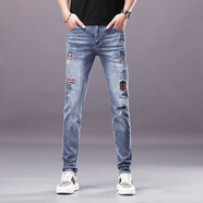 小魔怪2025春夏新款潮牌牛仔褲男刺繡休閑韓版修身小腳潮流百搭牛仔長褲 5577長褲 28 (二尺一腰圍)