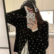 VEOX波點(diǎn)圓領(lǐng)針織衫短外套女2025秋森女系精致女開衫秋冬款百搭上衣 黑色 M 建議100-110