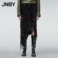 江南布衣（JNBY）秋季牛仔半身裙H型黑色破洞長(cháng)款腰裙復古水洗半裙