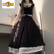 初徑新款大碼法式拼接假兩件氣質(zhì)連衣裙女春季寬松顯瘦內搭小黑長(cháng)裙子 黑色假兩件連衣裙 沒(méi)有腰帶和蕾 S 【建議80-95斤】