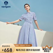 Navigare意大利小帆船女X版短袖連衣裙通勤條紋襯衫裙2322875515 藍(lán) L 
