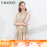 lagogo木耳邊泡泡袖連衣裙女拉谷谷夏季新款寬松彈力A字中長(zhǎng)裙 淺駝色(S3) L