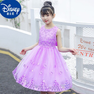 迪士尼（Disney）女童連衣裙孔雀花公主裙夏季新款演出禮服彩條裙子女孩中大童無袖 亮片刺繡連衣裙【紫色】 140 【建議身高1米3左右】
