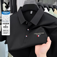 花花公子桑蠶絲短袖t恤男2025新款翻領(lǐng)半袖上衣高級(jí)感體恤衫POLO衫男裝 黑色 XL 【建議130-150斤】