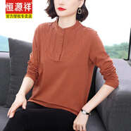 恒源祥純棉長(cháng)袖t桖女春秋新款刺繡大碼女裝中年媽媽洋氣上衣打底衫 咖色 2XL 135-145斤