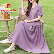 皮爾卡丹（pierre cardin）夏季新款棉綢洋裝女寬松顯瘦中老年媽媽大擺裙氣質(zhì)長裙 豆沙色 3XL 建議130-145斤