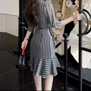 皮爾卡丹（PIERRE CARDIN）2025春夏新款連衣裙V領(lǐng)一片式裹身裙千鳥格印花沙灘長裙女 L L 黑格