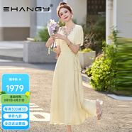 Ehangy輕奢品牌2025年夏季新款連衣裙女設(shè)計(jì)感復(fù)古釘珠V領(lǐng)收腰清新裙子 杏色 L