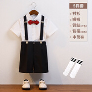 兒童馬甲西服套裝婚禮男童春夏幼兒園禮服男孩寶寶花童演出服西裝 黑色5件套（百褶襯衫短褲背帶紅色領(lǐng)結(jié)白色中筒襪） 160 cm（建議體重69-78斤）