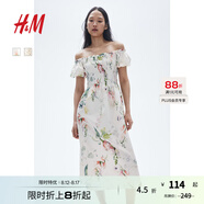 H&M女裝花卉連衣裙秋季花朵泡泡一字肩短袖植物印花長裙1230970 白色/花卉 XL 170/116