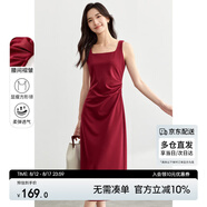 尚都比拉法式連衣裙女夏天赫本風(fēng)氣質(zhì)A字裙抽褶收腰顯瘦背帶裙 安可拉紅 M