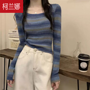 柯蘭娜設(shè)計(jì)感條紋方領(lǐng)短款上衣女長袖t恤女春秋甜辣修身內(nèi)搭打底針織衫 藍(lán)色長袖 均碼 適合70-90斤