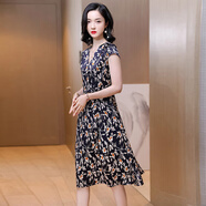 i-O-J桑蠶絲重磅真絲連衣裙夏中長款2025高端氣質(zhì)印花V領(lǐng)修身裙子 藏青色（2329） 2XL