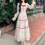 皮爾卡丹大碼法式印花甜美仙女連衣裙秋冬季感收腰顯瘦方領(lǐng)初戀長(zhǎng)裙子 杏色印花裙 M 95-105斤
