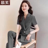 晨芙時(shí)尚西裝套裝女夏薄款酒店前臺工裝美容院珠寶店職業(yè)裝氣質(zhì)工作服 灰色西裝+九分褲+短裙 XL 建議110-120斤
