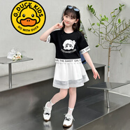 G.DUCKKIDS品牌童裝女童套裝夏季套裙兒童夏裝短袖T恤半身裙子兩件套中大童 2519小女孩印花套裝 黑色 150