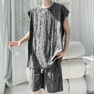 華天牧胖子大碼棕咖色六分袖t恤歐美潮牌痞帥破洞短袖男夏季潮流大碼感 Tz5577 深灰色兩件套 5XL 建議200-240斤可穿