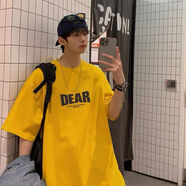 卡通美式t恤男oversize夏季寬松衣服ins潮牌半袖潮流高街時(shí)尚短袖 DEAR五分袖黃色 S