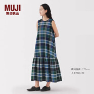 無印良品（MUJI）女式 馬德拉斯格紋 無袖連衣裙 女裝裙子連身裙25年夏季格子裙 綠色格紋 S (155/80A)