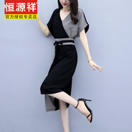 恒源祥黑色拼接V領(lǐng)雪紡連衣裙女典雅氣質(zhì)名媛收腰高腰顯瘦側開(kāi)叉裙子夏 黑灰 S