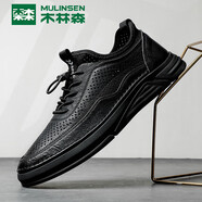 木林森(MULINSEN)男鞋夏季透氣運動皮鞋鏤空皮鞋男百搭黑色休閑鞋 黑44