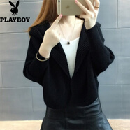 花花公子（PLAYBOY）短外套毛衣2025春裝新款女長袖寬松帶帽針織衫早秋冬開衫厚蝙蝠衫 黑色 S 建議85-95斤