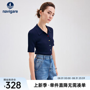 Navigare意大利小帆船短袖針織衫女士夏季舒適修身小外套中袖開(kāi)衫短款T恤 海軍藍(lán) XL 碼