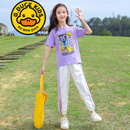 G.DUCKKIDS品牌童裝女童夏裝套裝短袖t恤褲子夏季兩件套洋氣女孩中大童衣服 皇冠套裝 紫色 120