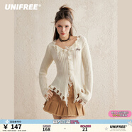 UNIFREE美式辣妹精美刺繡不規(guī)則毛邊修身針織開衫 杏色 均碼