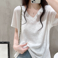 短袖V領(lǐng)薄款2025t恤夏季女裝寬松顯瘦打底衫小眾體恤休閑百搭上衣 白色 L
