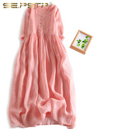 夏典素訂女王（SE.PSTP）苧麻連衣裙女2025夏季新款感棉麻媽媽高端大碼亞麻長(cháng)裙子 粉色 XL 【125-145斤】