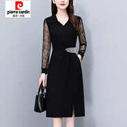 皮爾卡丹（pierre cardin）大碼秋季新款胖mm韓版蕾絲拼接長(cháng)袖連衣裙黑色修身遮肚顯瘦打底裙 黑色 L 【建議100-115斤】