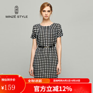 名師路格紋連衣裙女夏裝歐美休閑簡約通勤短袖圓領(lǐng)拼接雪紡燈籠裙連衣裙 4S52429黑白格90 L