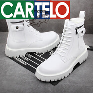 卡帝樂鱷魚（CARTELO）白色馬丁靴男款2024新款冬季厚底高幫工裝靴子英倫風(fēng)內(nèi)增高潮百搭 白色 正常版 39